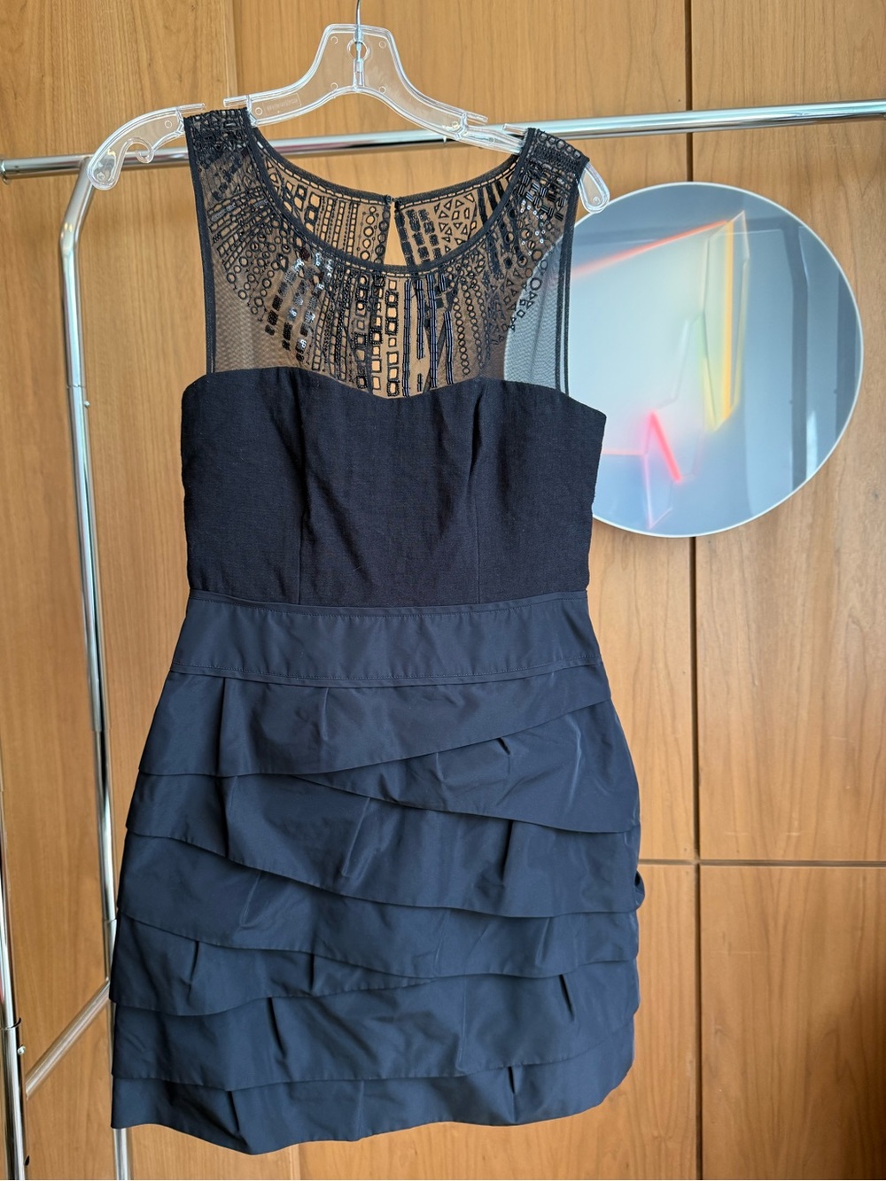 Vintage BCBGMaxAzria Black Mesh Yoke Tiered Mini Dress in Size 8